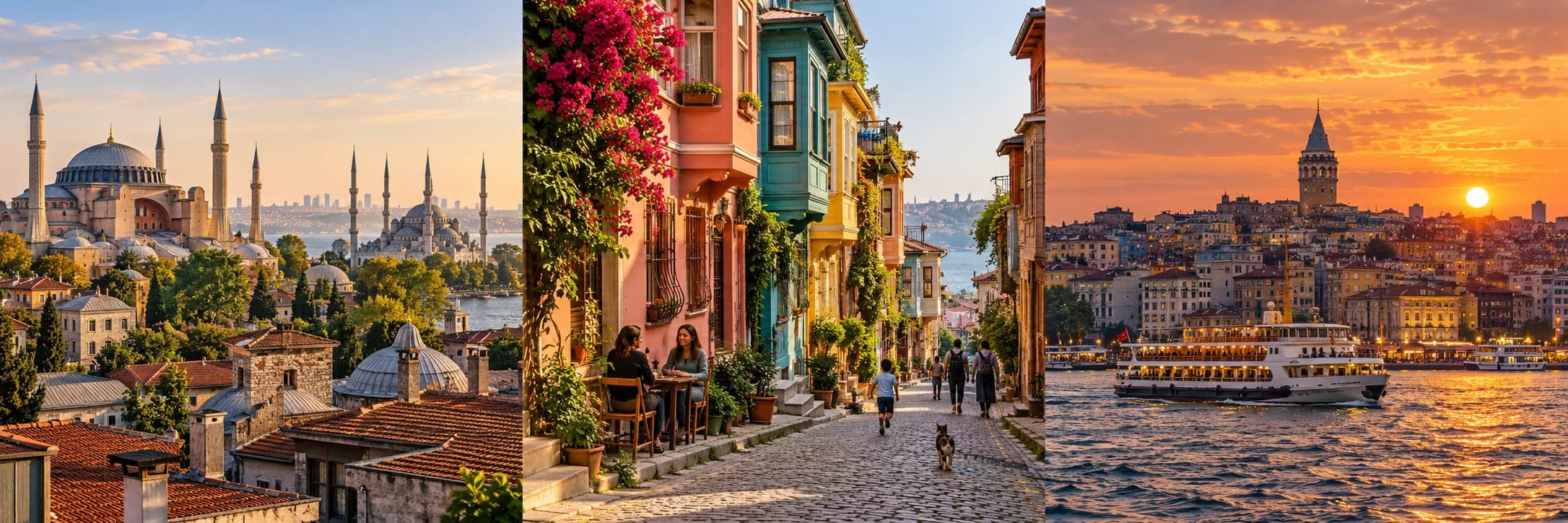 Illustrated triptych of Istanbul: the domes and minarets of Sultanahmet, a cobbled street of colourful houses with a couple at a café table, and a ferry crossing the Bosphorus at sunset with the Galata Tower behind