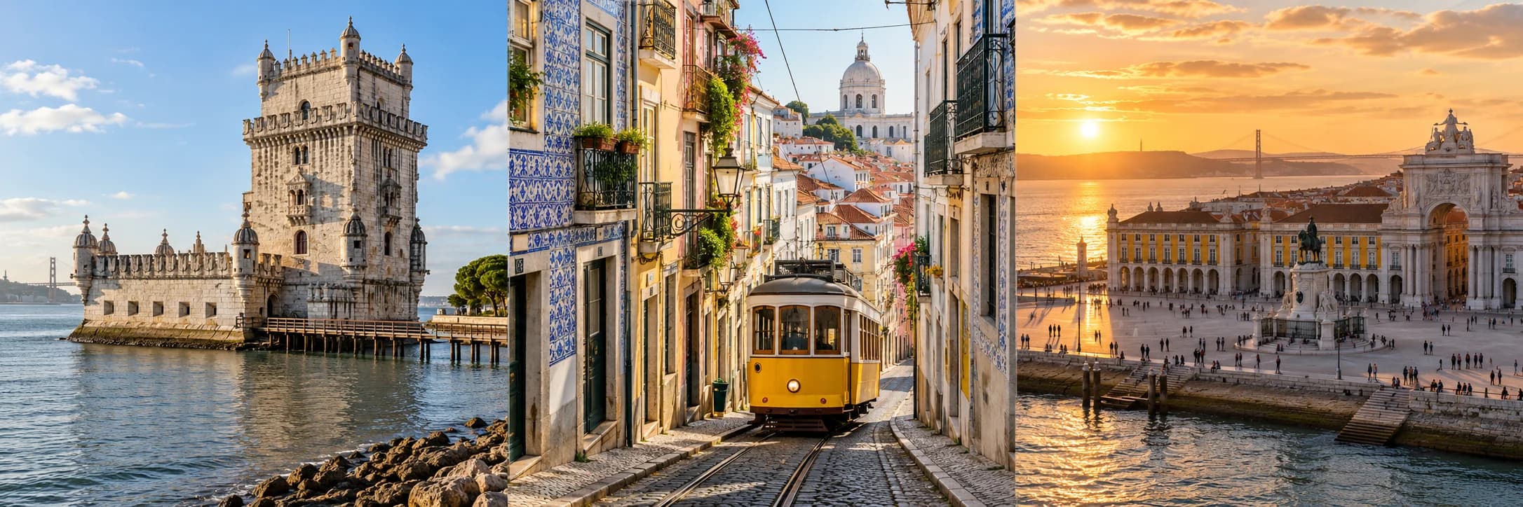 Illustrated triptych of Lisbon: the Belém Tower on the river, a yellow tram climbing a narrow tiled street, and Praça do Comércio at sunset beside the Tagus