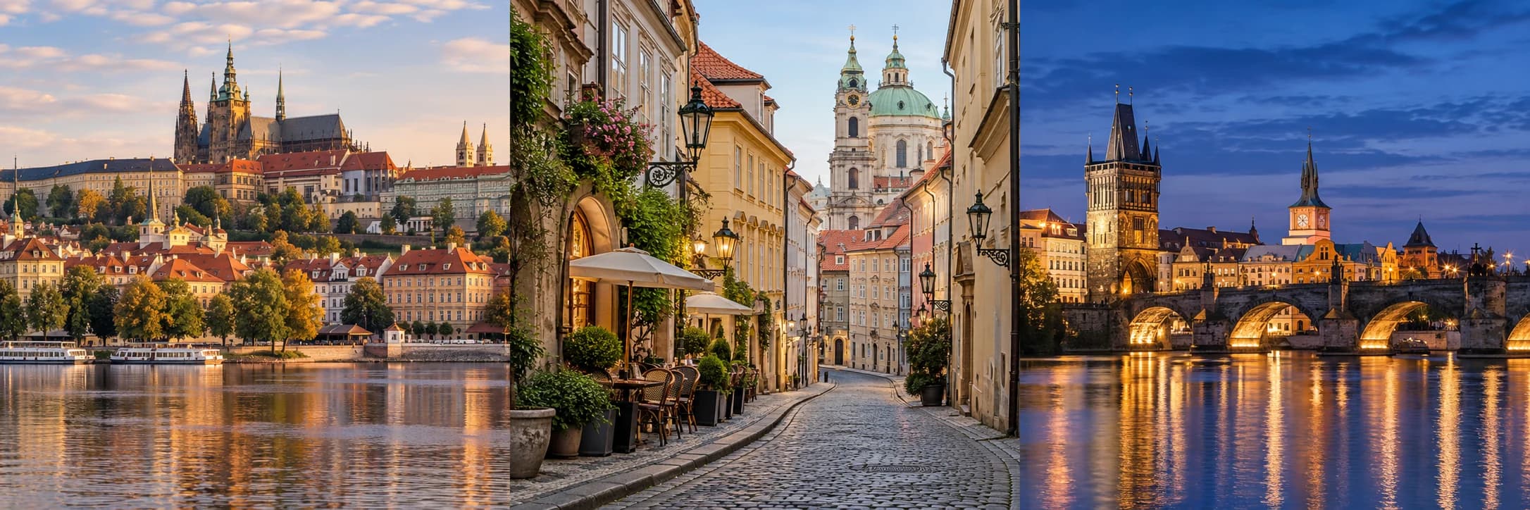 Illustrated triptych of Prague: the castle above the Vltava at sunrise, a quiet cobbled street with a café terrace and a church dome, and the Charles Bridge lit up at dusk