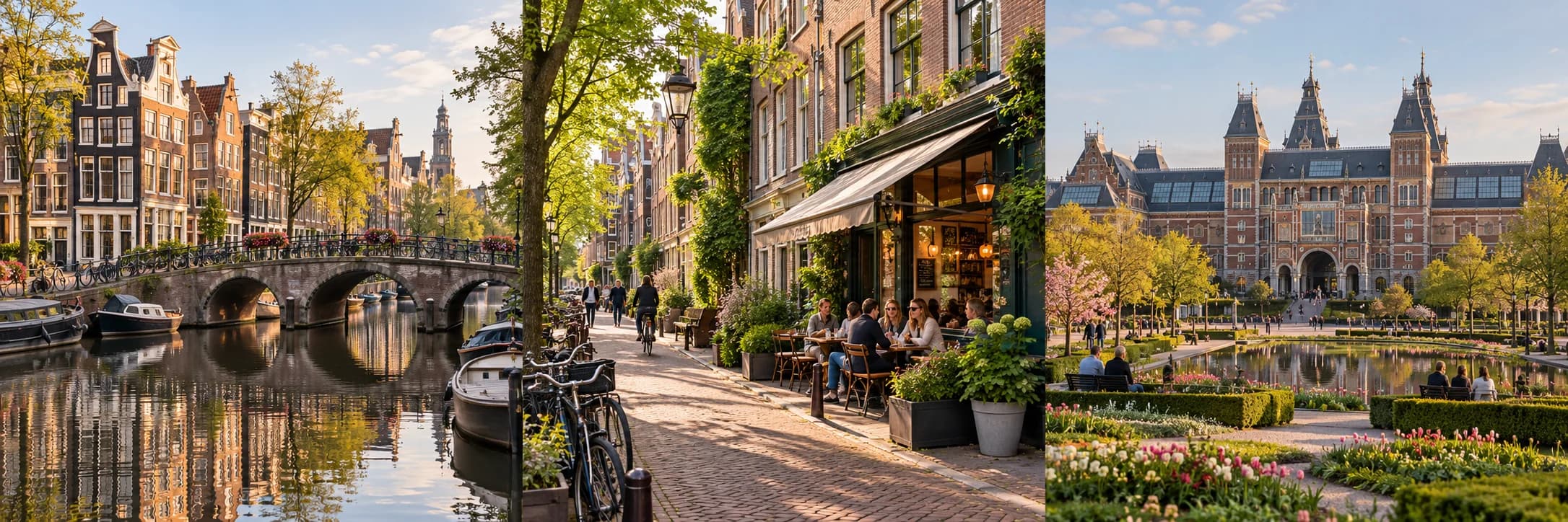 Illustrated Amsterdam triptych with canal houses, a Jordaan street and the Rijksmuseum gardens