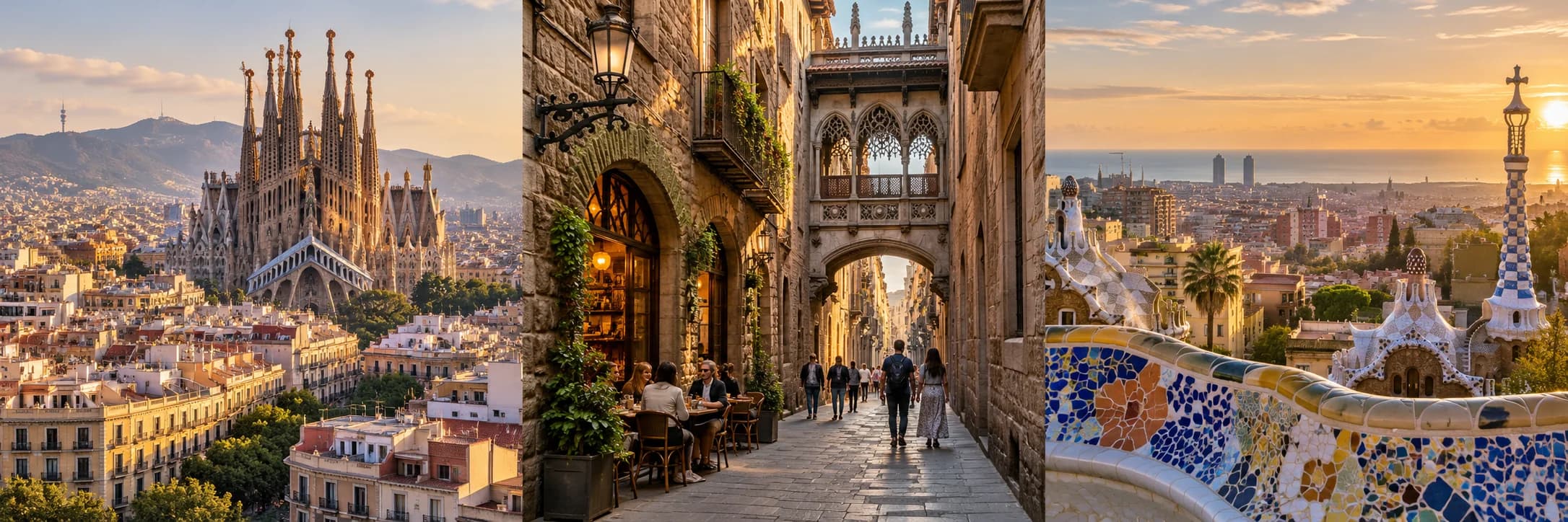 Illustrated triptych of Barcelona, showing the city's architecture, streets and seafront