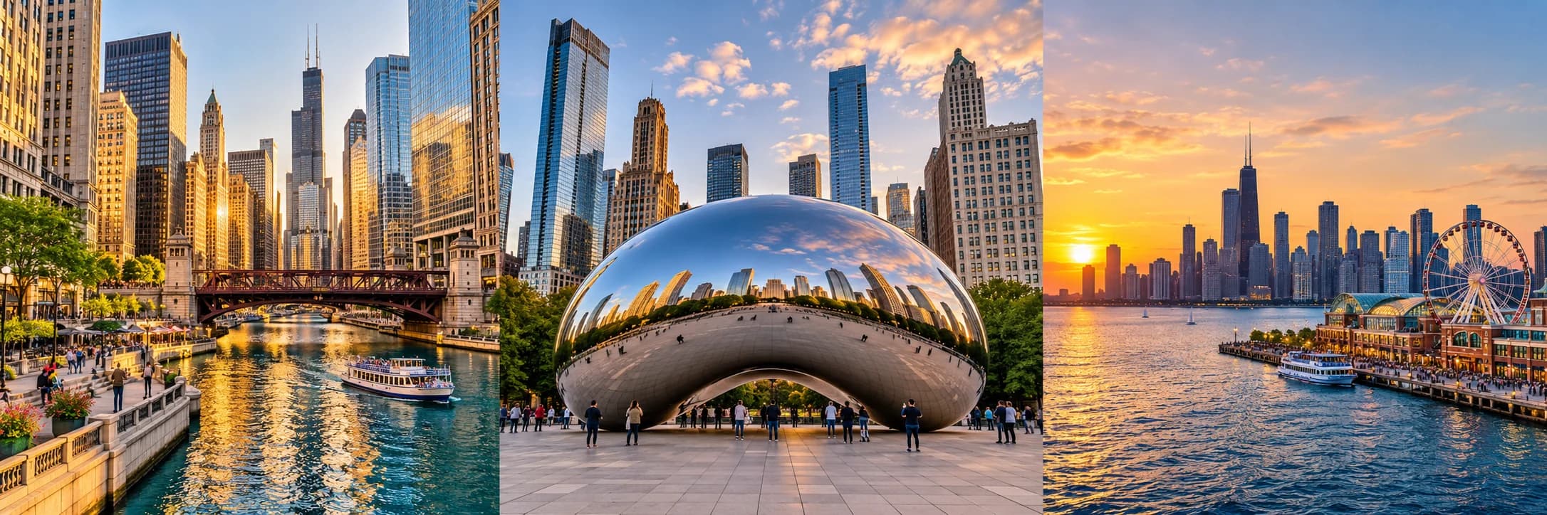 Illustrated Chicago triptych showing the Riverwalk and skyline, Cloud Gate in Millennium Park, and Lake Michigan at sunset