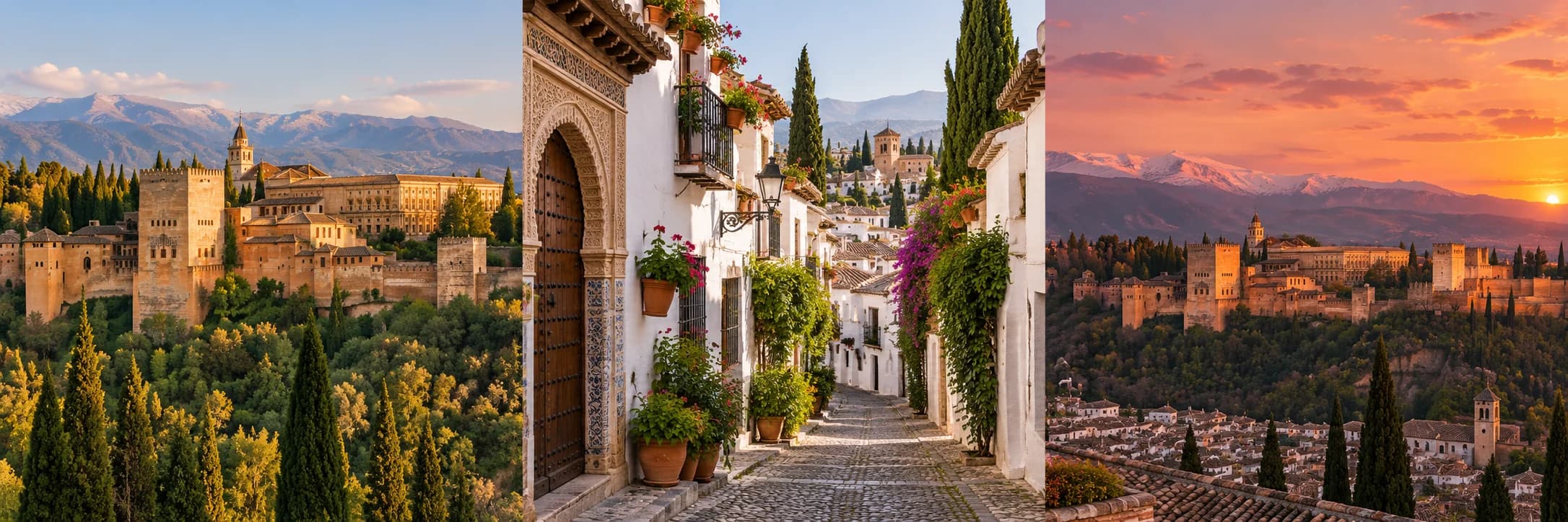 Granada triptych showing the Alhambra against the Sierra Nevada, a flower-lined Albaicín street and the city at sunset