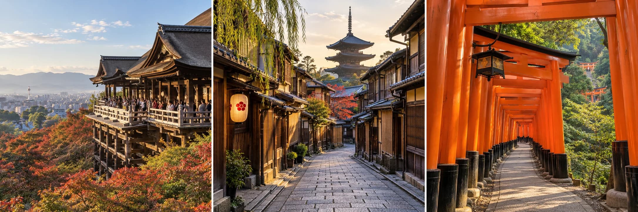 Triptych of Kyoto showing Kiyomizu-dera above the city, a traditional street in Higashiyama and the red torii gates of Fushimi Inari