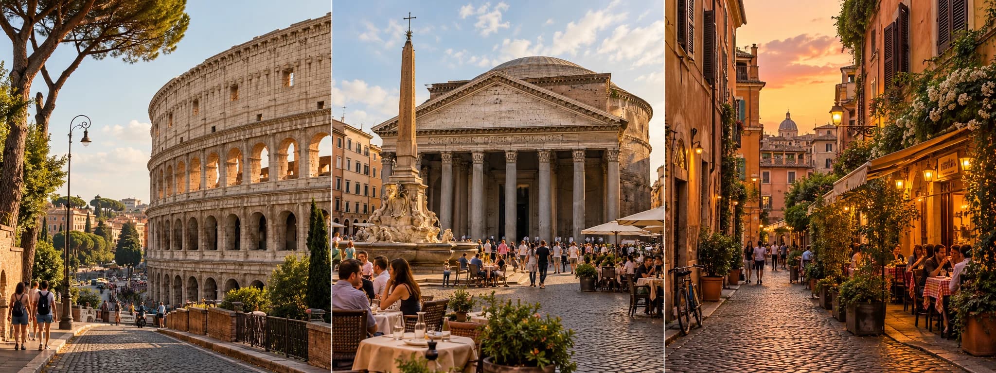 Triptych of Rome showing the Colosseum, the Pantheon and a warmly lit cobbled street