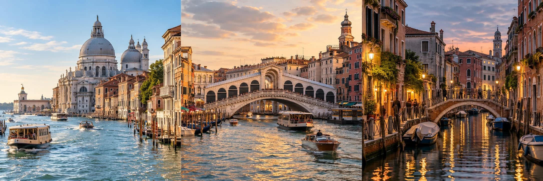 Venice triptych showing Santa Maria della Salute beside the Grand Canal, Rialto Bridge at golden hour and a quiet canal in Cannaregio at dusk
